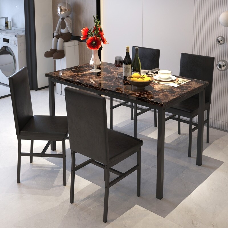 Grondin Modern Contemporary 5 Pieces Dining Table Set with Faux Marble Top and 4 PU Leather Upholstered Chairs