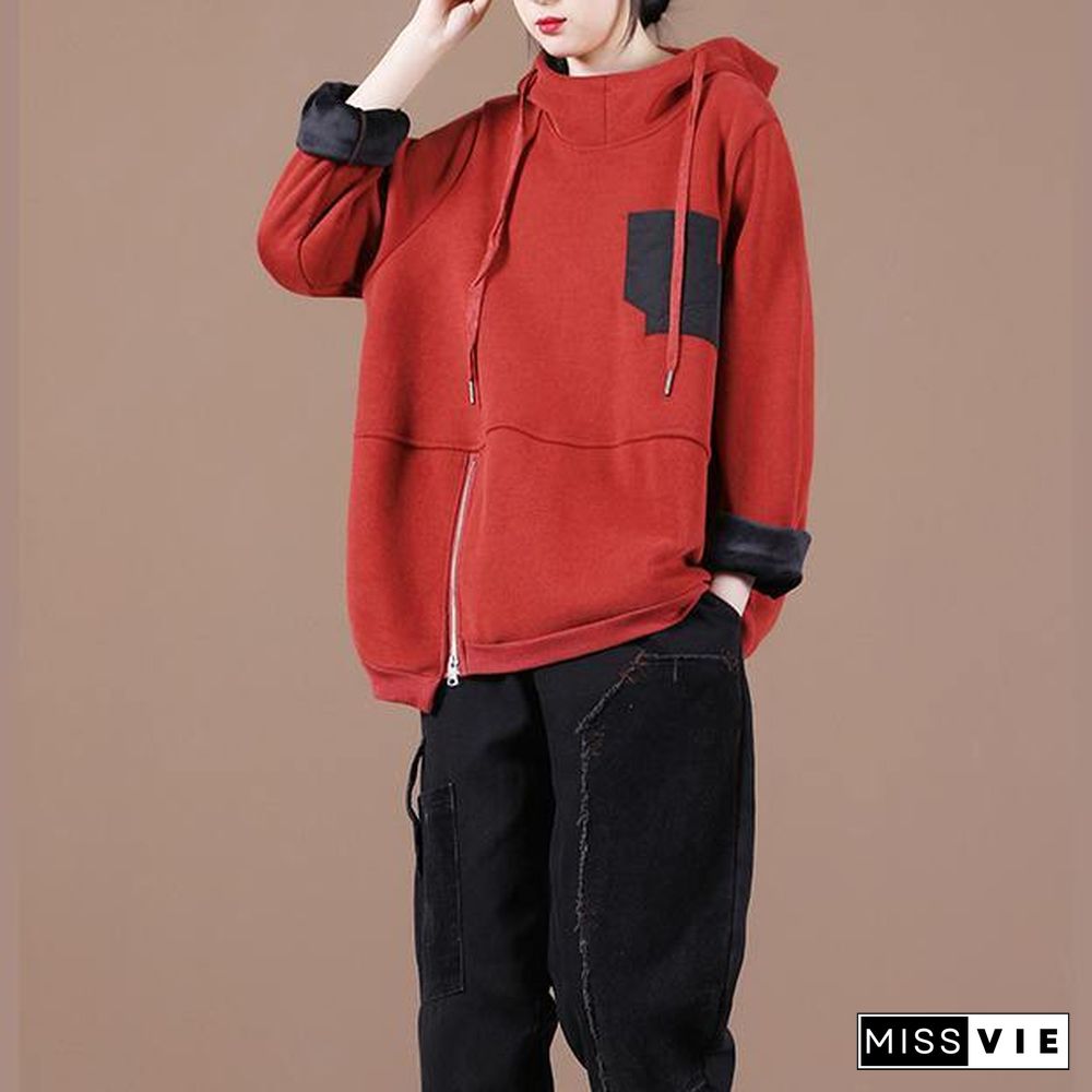 Women hooded patchwork clothes For Women Work Outfits red thick shirt