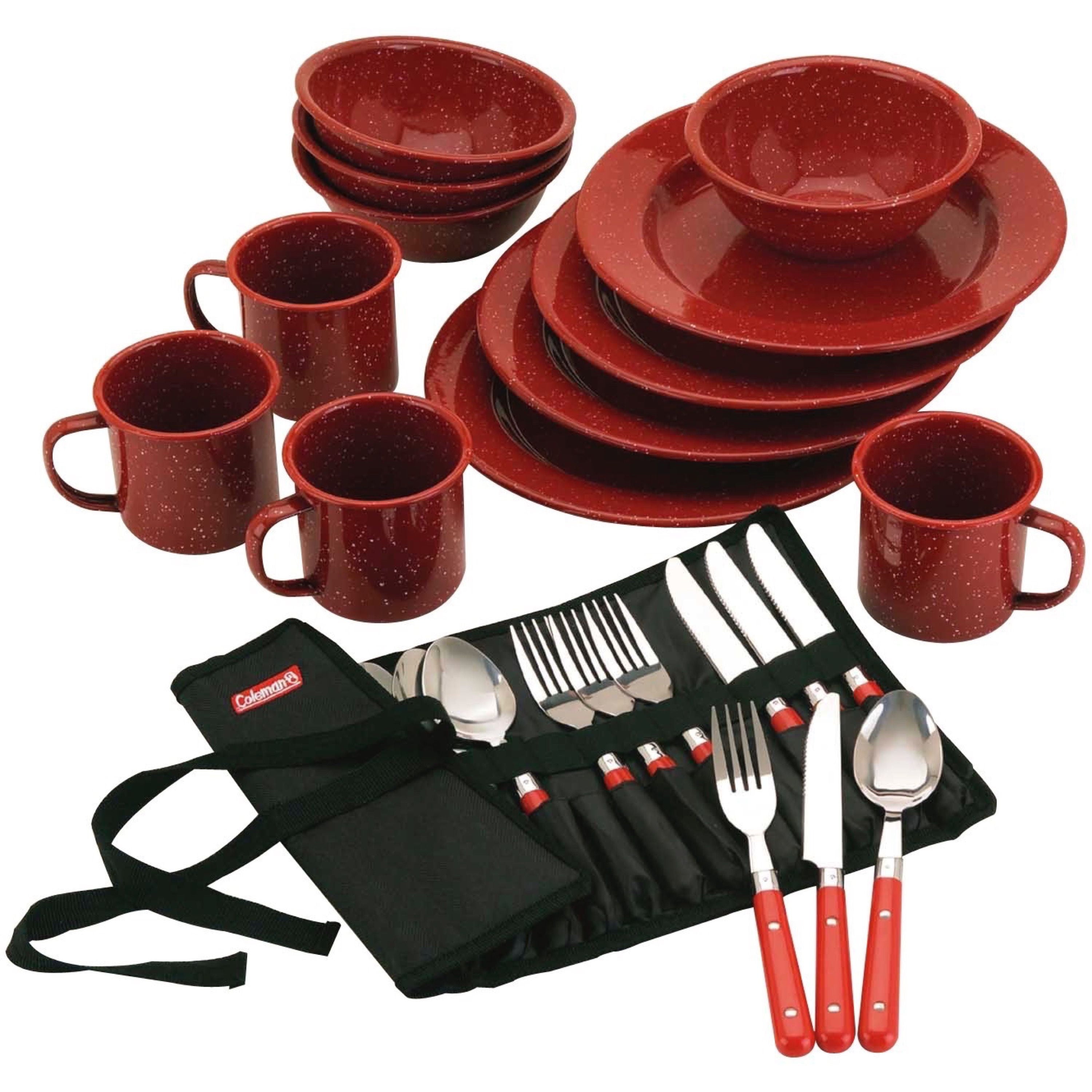 Coleman 24-Piece Enamel Dinnerware Set, Red