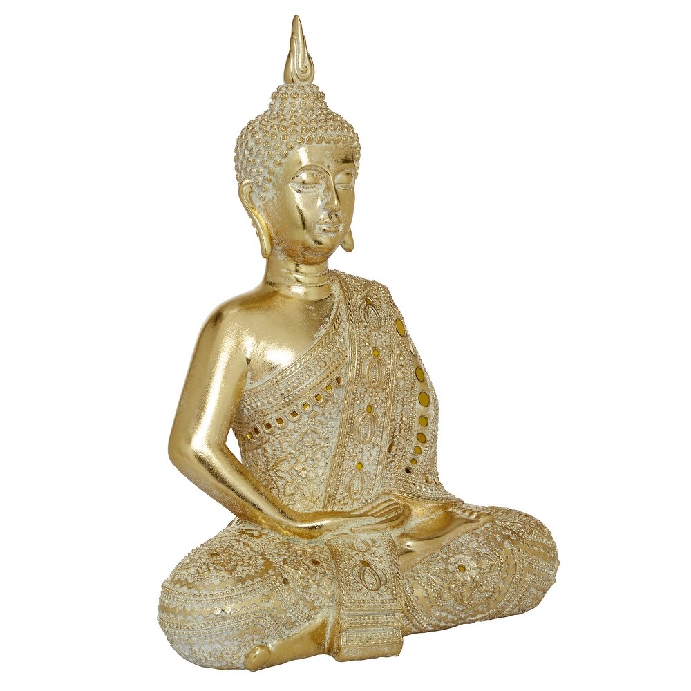 Gold Polystone Meditating Carved Buddha Sculpture with Intricate Carvings and Mirrored Embellishments   14 x 9 x 20