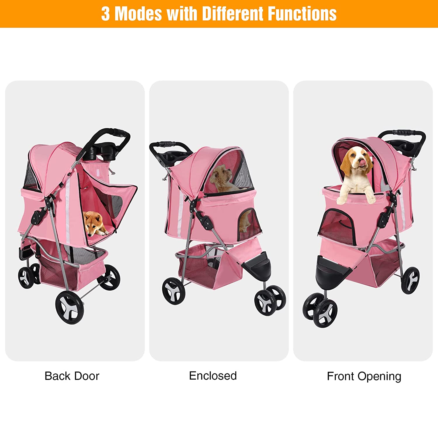 Lineslife 3 Wheels Pet Stroller， Foldable Carrier Strolling Cart for Small Medium Dogs and Cats， Pink