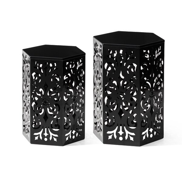 Glitzhome Set of 2 Iron Floral Pattern Outdoor Table Garden Stool