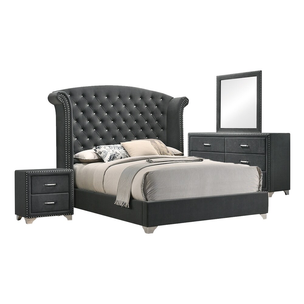 Upholstered Queen Bedroom Set in Grey and Chrome