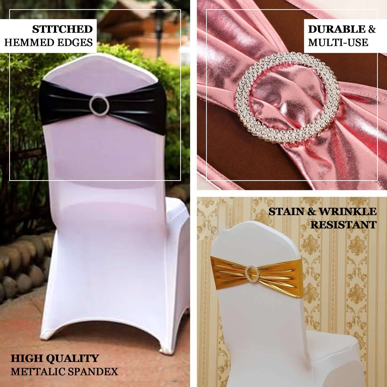 5 Pack Metallic Gold Spandex Chair Sashes With Attached Round Diamond Buckles