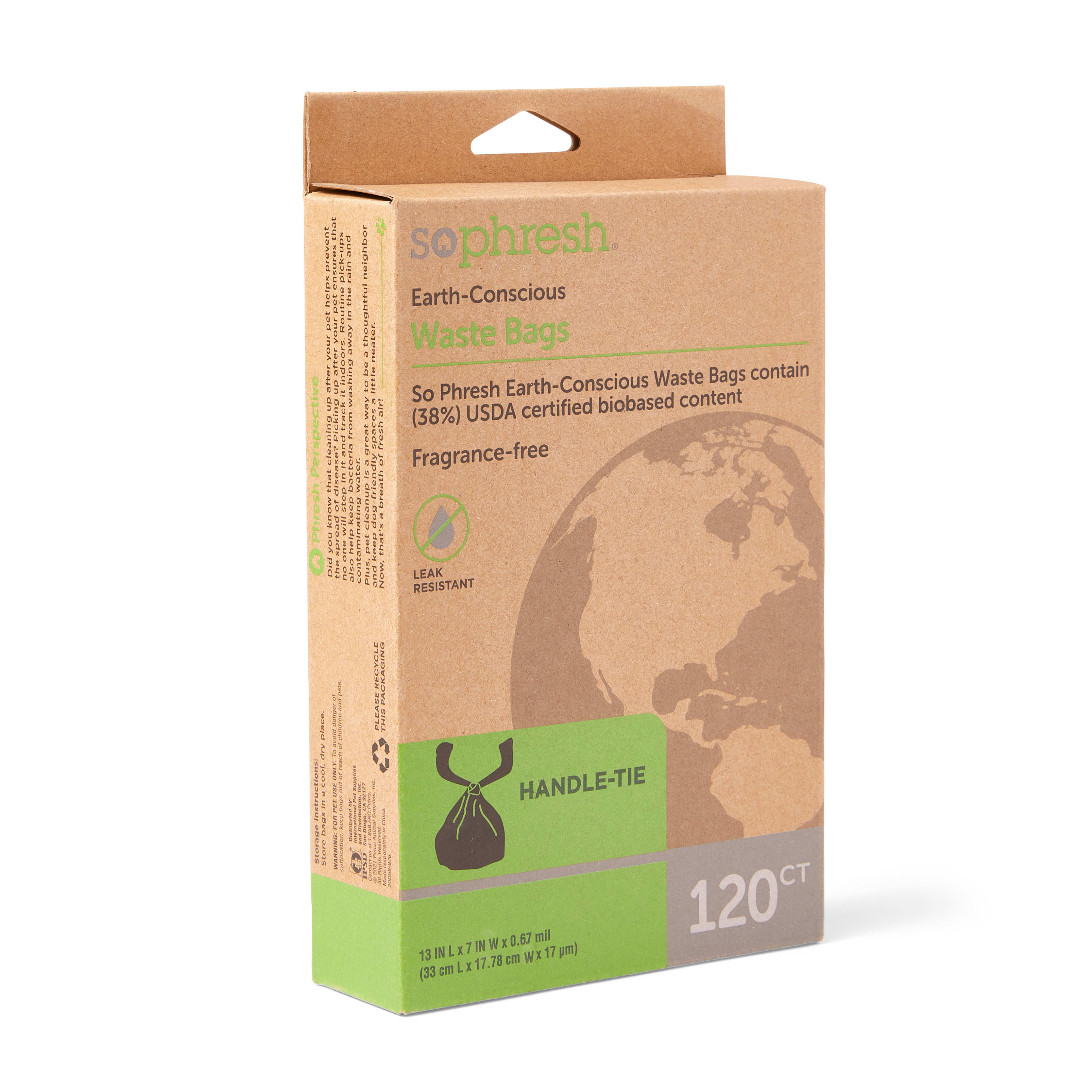 So Phresh Earth-Conscious 38% USDA Certified Biobased Content With Handle Tie Dog Waste Bags， Count of 120