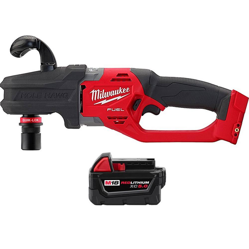 MW M18 FUEL 18-Volt Lithium-Ion Brushless Cordless Hole Hawg 716 in. Right Angle Drill with Quick-Lok XC 5.0 Ah Battery 2808-20-48-11-1850