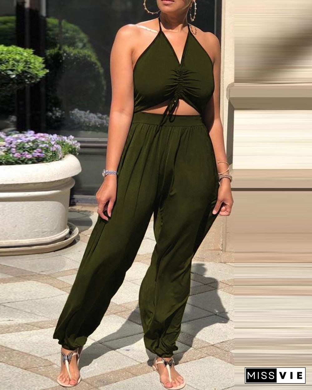 Halter Cutout Plain Drawstring Jumpsuit