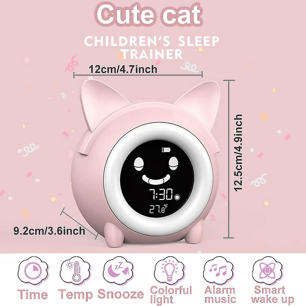 Cartoon Cat Alarm Clock For Kids With Snooze Function Indoor Temperature Detect Smart Light Adjustment