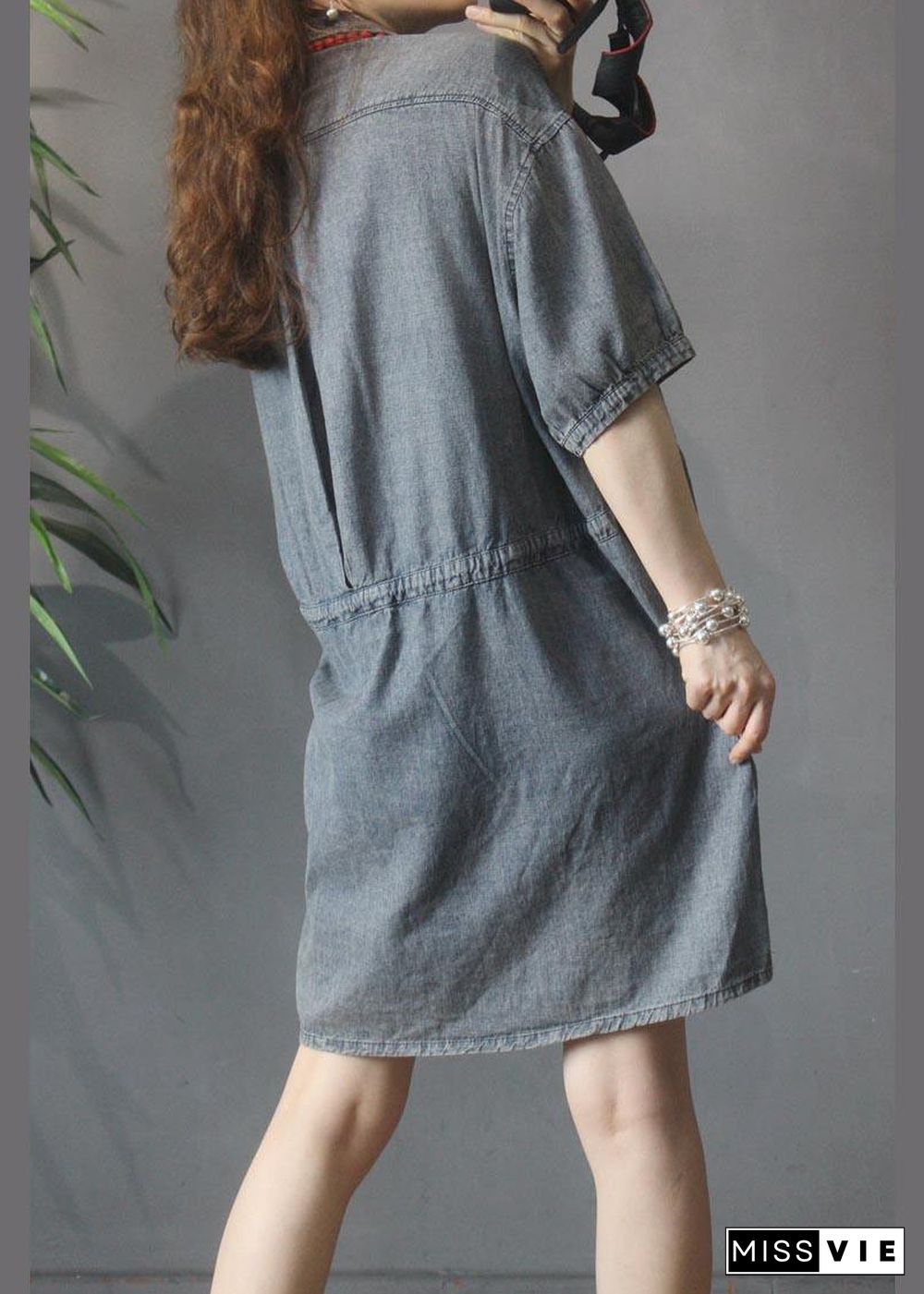 Elegant Denim tie waist Turn-down Collar Maxi Summer Cotton Dress