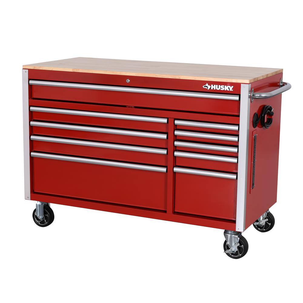 Husky 52 in. W x 24.5 in. D Standard Duty 10-Drawer Mobile Workbench Tool Chest with Solid Wood Top in Gloss Red H52MWC10RED