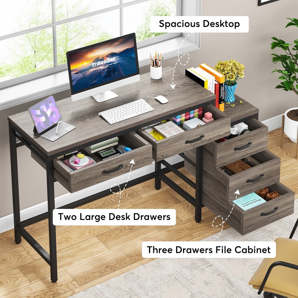 Reversible Computer Desk with 5 Drawers  Home Office Desk with File Cabinet Drawer Printer Stand