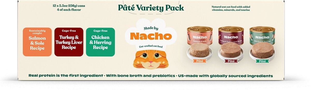 Made by Nacho Chicken， Herring， Salmon and Turkey Variety Pack Grain-Free Pate Wet Cat Food， 5.5-oz can， case of 12