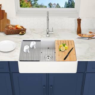 White Fireclay 33 in. x 20 in. Single Bowl Farmhouse Apron Kitchen Sink with Bottom Grid 2022-12-8-8