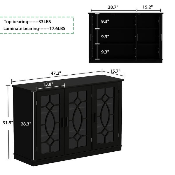 3 Tempered Glass Door Sideboard Buffet Storage Cabinet - 47.2