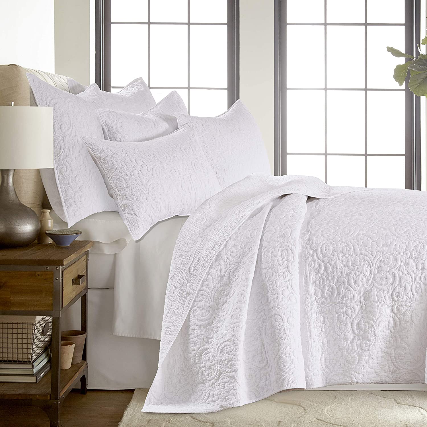 Levtex Home Birch Hill Sherbourne Quilt - Quilted Medallion White with White Stitch - Full/Queen Quilt (88x92) - Reversible Pattern - Cotton Front/Microfiber Reverse - Shams Sold Separately