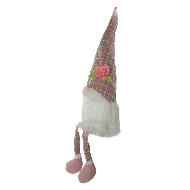 Pink And White Plaid Spring Gnome Table Top Figure With Dangling Legs