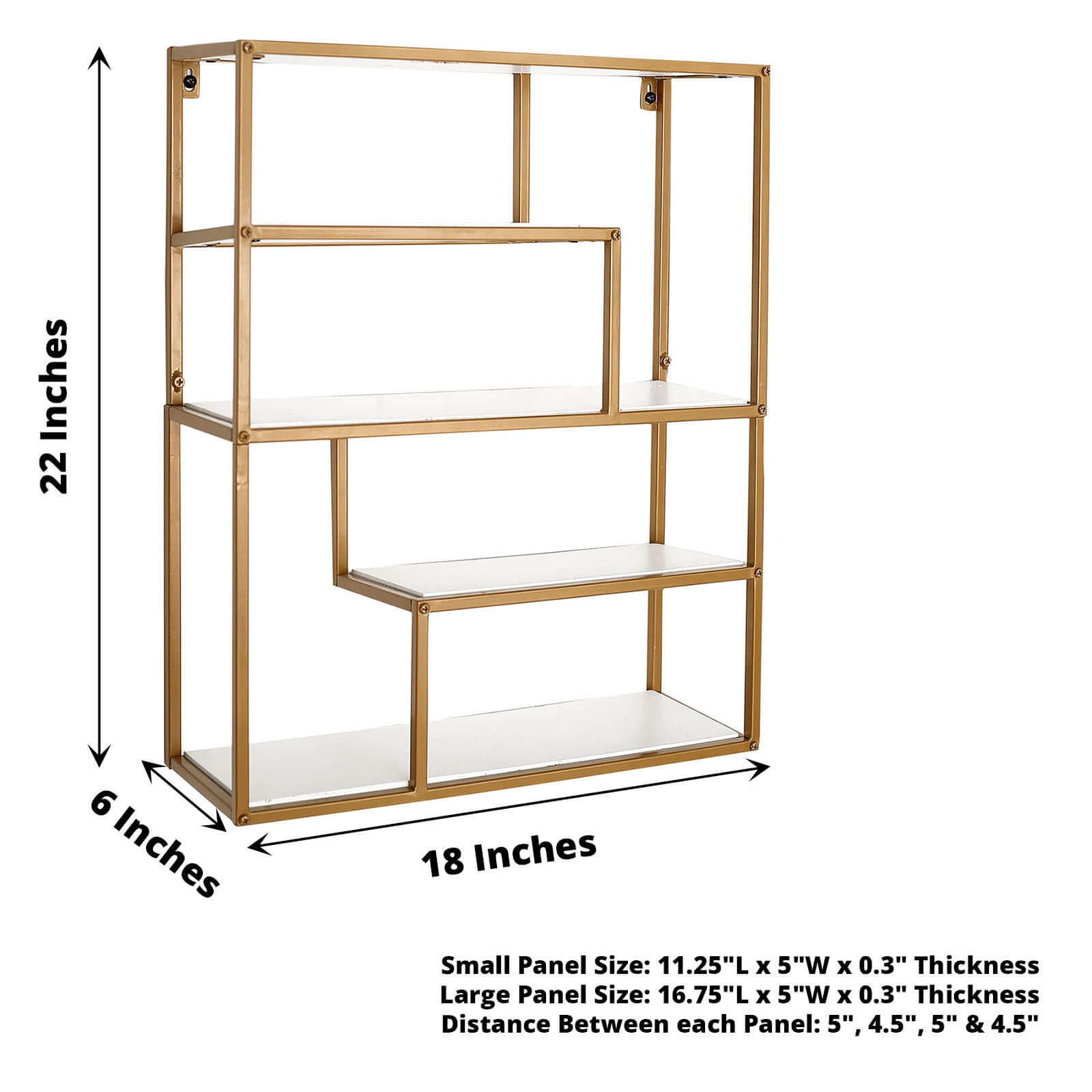 Gold Metal 4-Tier Dessert Cupcake Stand, Wall Hanging Shelf Display Rack, Book Shelf With White Wood Panels 22