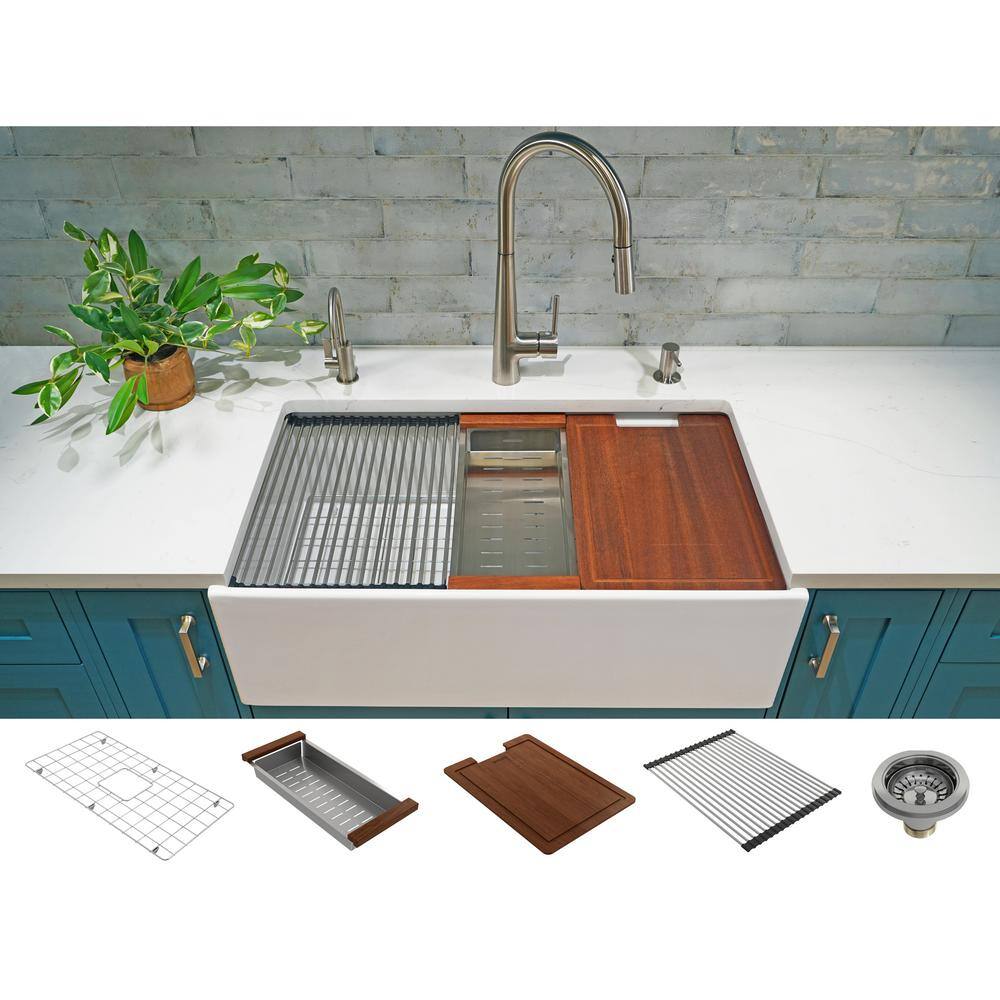 BOCCHI Step-Rim White Fireclay 33 in. Single Bowl Farmhouse Apron Front Workstation Kitchen Sink with Accessories 1504-001-0120