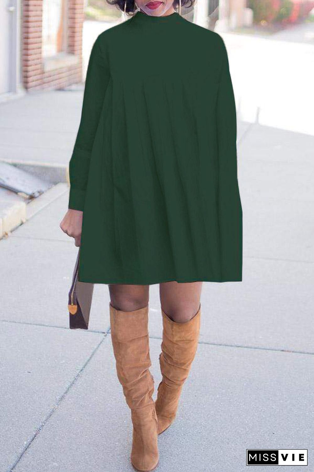 Hot Style Long Sleeves Round Neck Loose Pleated Dress