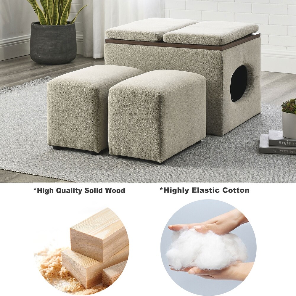 Detachable Lid Footstool Spare Seat Temporary Table Folding Square Storage Cube Seat Low Stool Stool with 2 Cushion