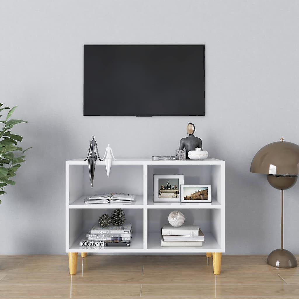 Tv Cabinet With Solid Wood Legs High Gloss White 69.5x30x50 Cm