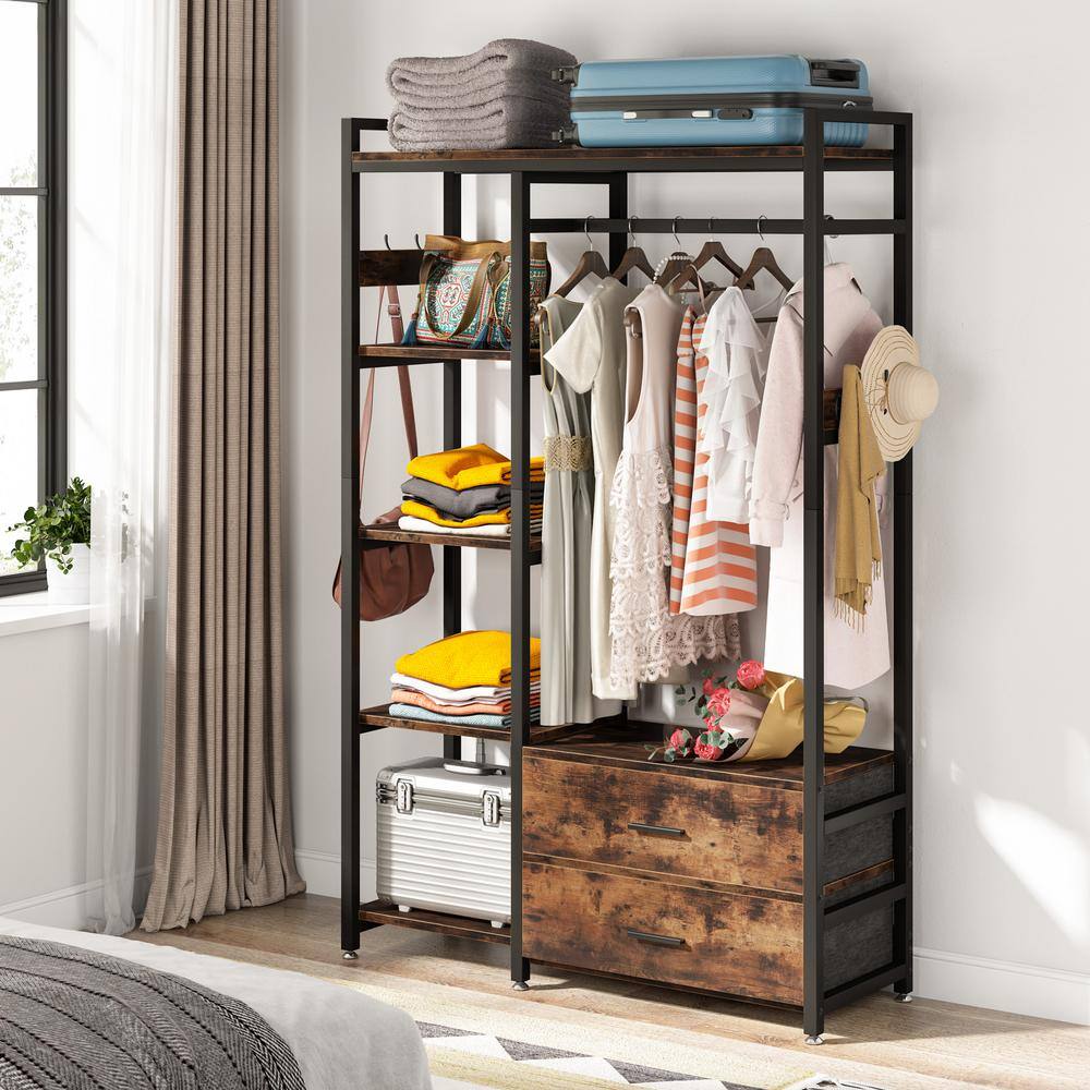 BYBLIGHT Carmalita Rustic Brown Freestanding Closet Organizer Clothes Rack with Drawers and Shelves Heavy Duty Garment Rack BB-F1546XF