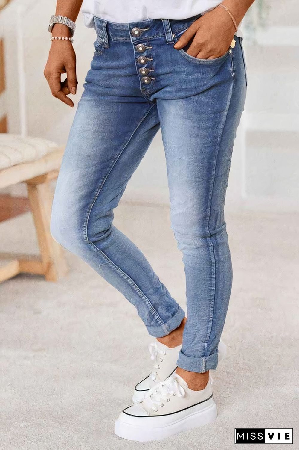 Button Fly Rolled Hem Low Waist Skinny Jeans