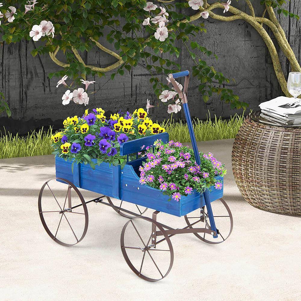 Gymax 24 in. x 24.5 in x 13.5 in. IndoorOutdoor Blue Wooden Garden Flower Planter Wagon Plant Bed with Wheel Garden Yard GYM13042