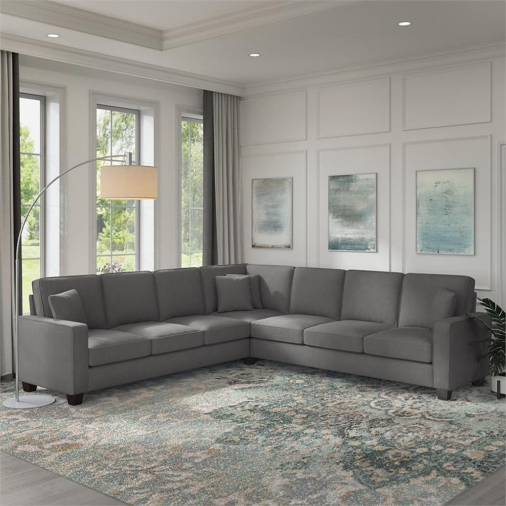 Pemberly Row 110W L Shaped Sectional Couch in French Gray Herringbone Fabric   Transitional   Sectional Sofas   by Homesquare  Houzz