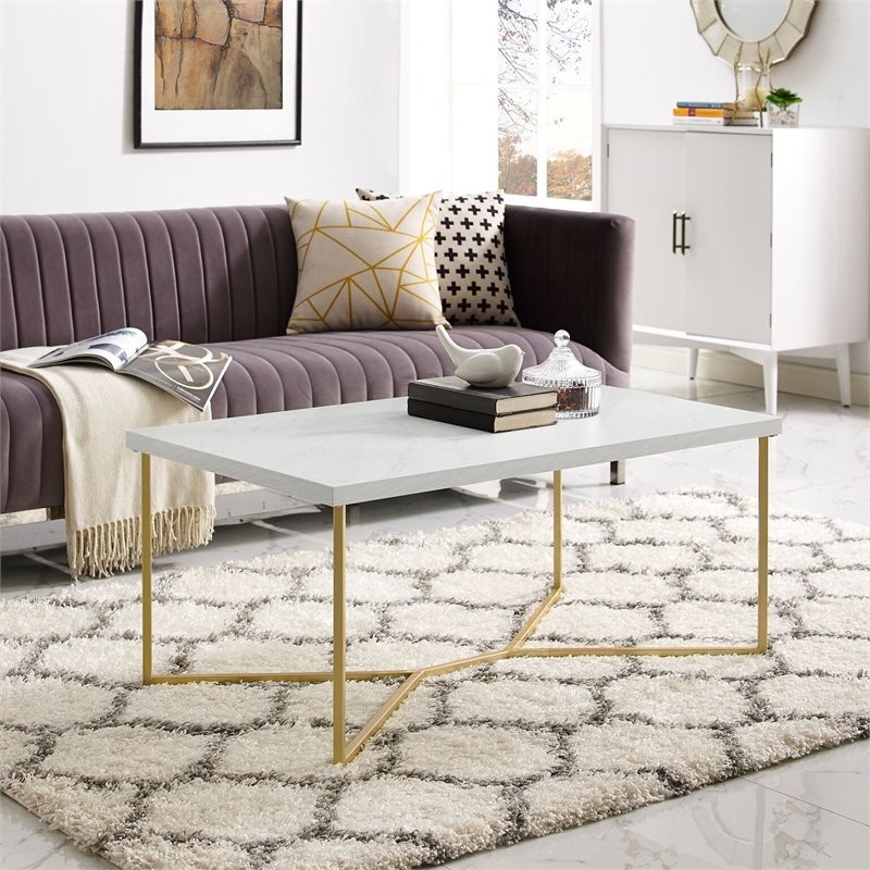 Pemberly Row Rectangle Coffee Table in White Faux Marble and Gold   Contemporary   Coffee Tables   by Homesquare  Houzz