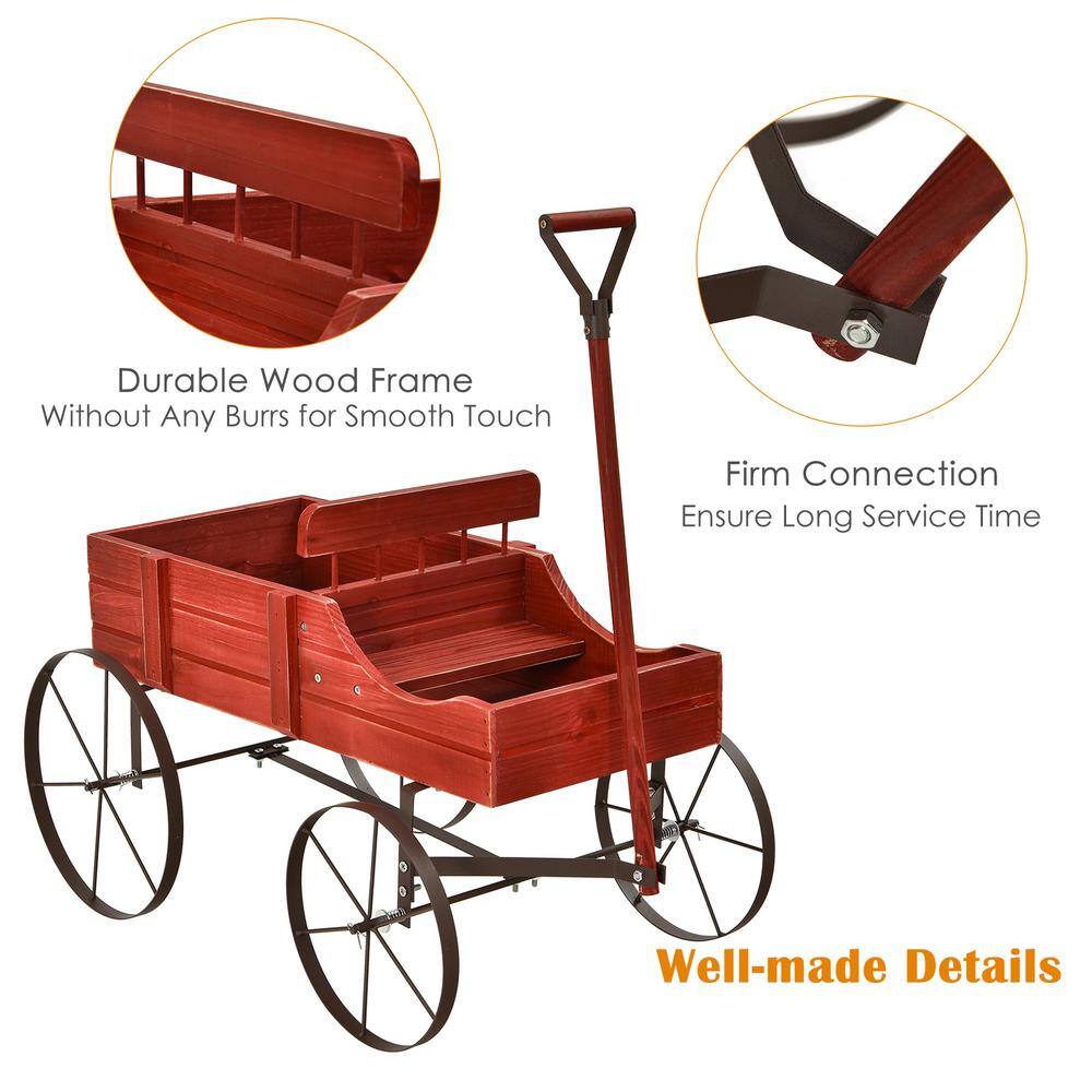 HONEY JOY Wooden Garden Flower Planter Wagon Wheel Plant Bed Decorative Garden Planter for Backyard Garden Red TOPB004891