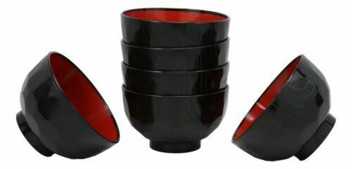 1 Japanese Black Red Lacquer Copolymer Plastic Rice Bowl Beehive Pattern Set Of 6 EBR02