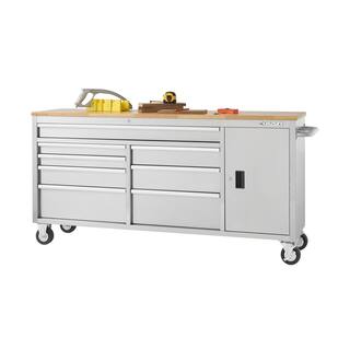 Husky 72 in. W x 18 in. D Heavy Duty 8-Drawer 1-Door Mobile Workbench Tool Chest with Solid Wood Top in Stainless Steel HYLS-7208