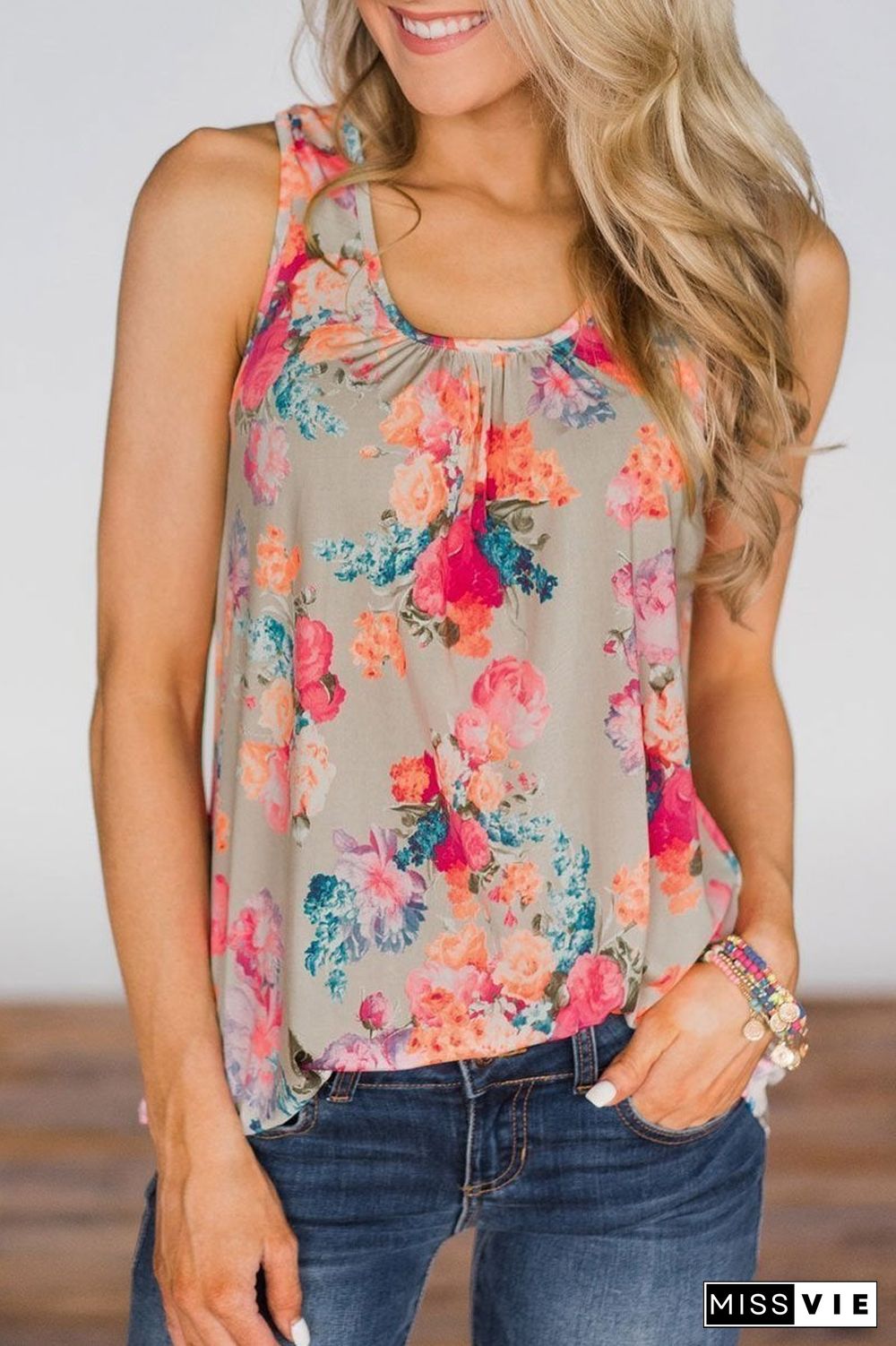 Printed Zipper Design Pink Tank Top