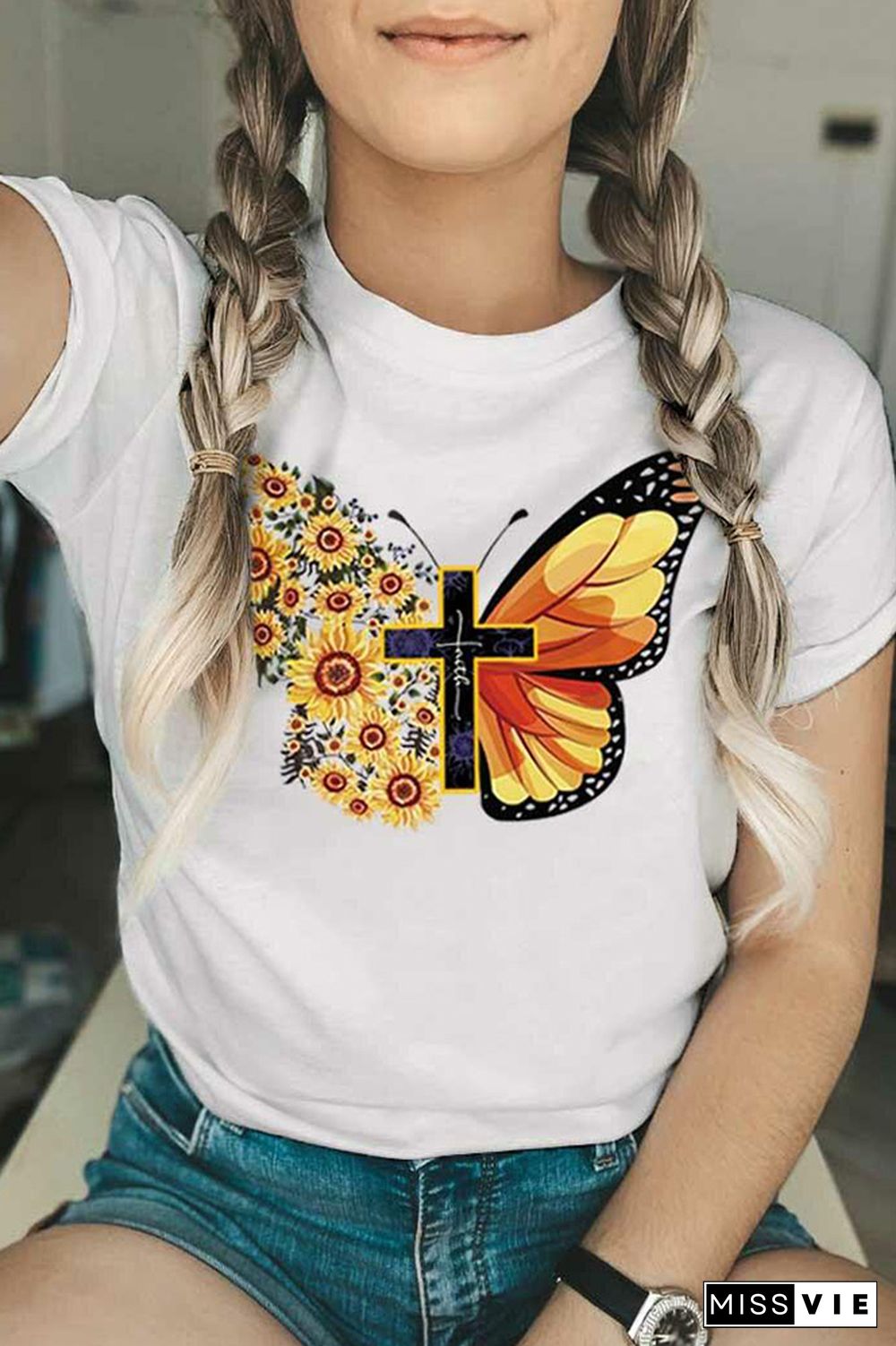 Butterfly Print Graphic Tees for Women Wholesale Short Sleeve T shirts Top