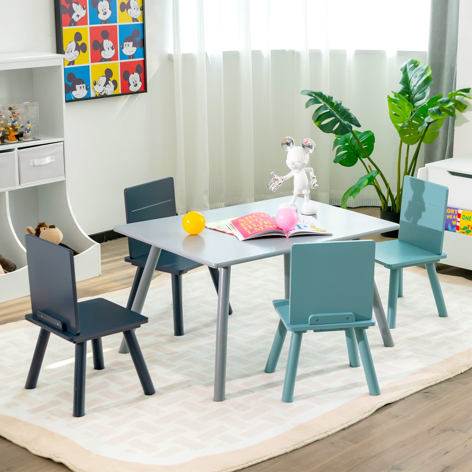 Costzon Kids Table and Chair Set, 5-Piece Toddler Table & 4 Chairs, (Grey, Blue)