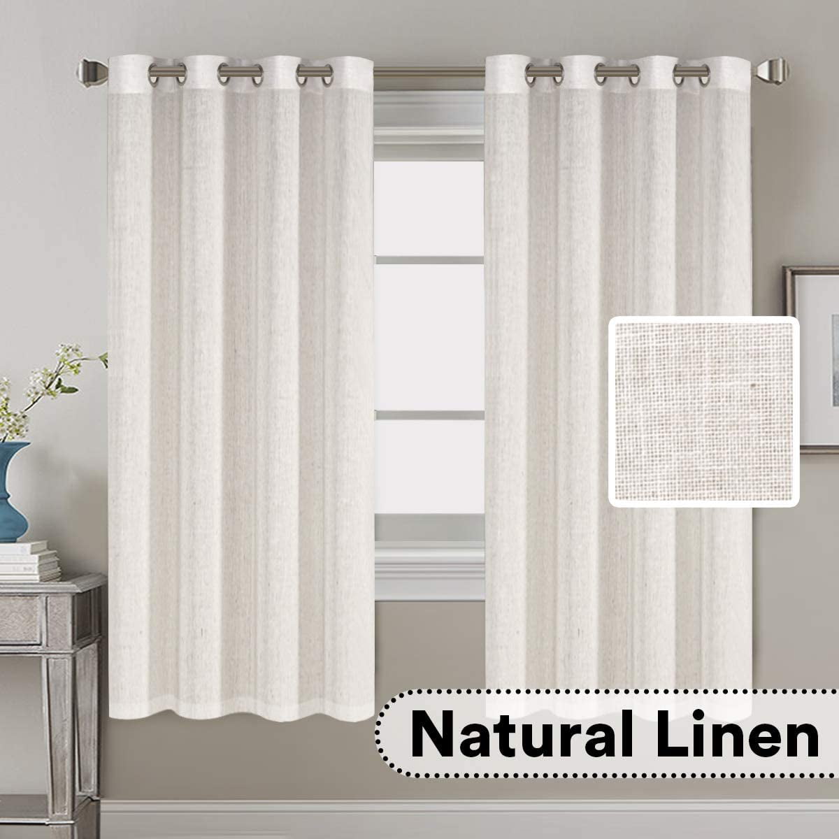 Decorative Linen Kitchen Curtains - linen Curtains 63 inches Long Bedroom Window Treatments for Living Room / Rich Linen Curtain Panels and Drapes, Classic Nickel Grommet, Natural, 2 Panels