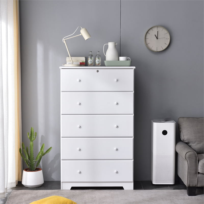 Pemberly Row Contemporary Solid Pine Wood 5 Drawer Chest Dresser in White