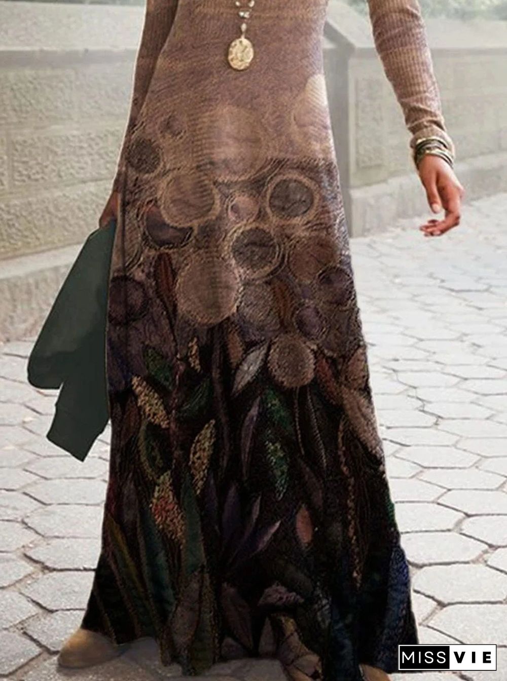 Vintage Floral Print Round Neck Long Sleeve Maxi Dress