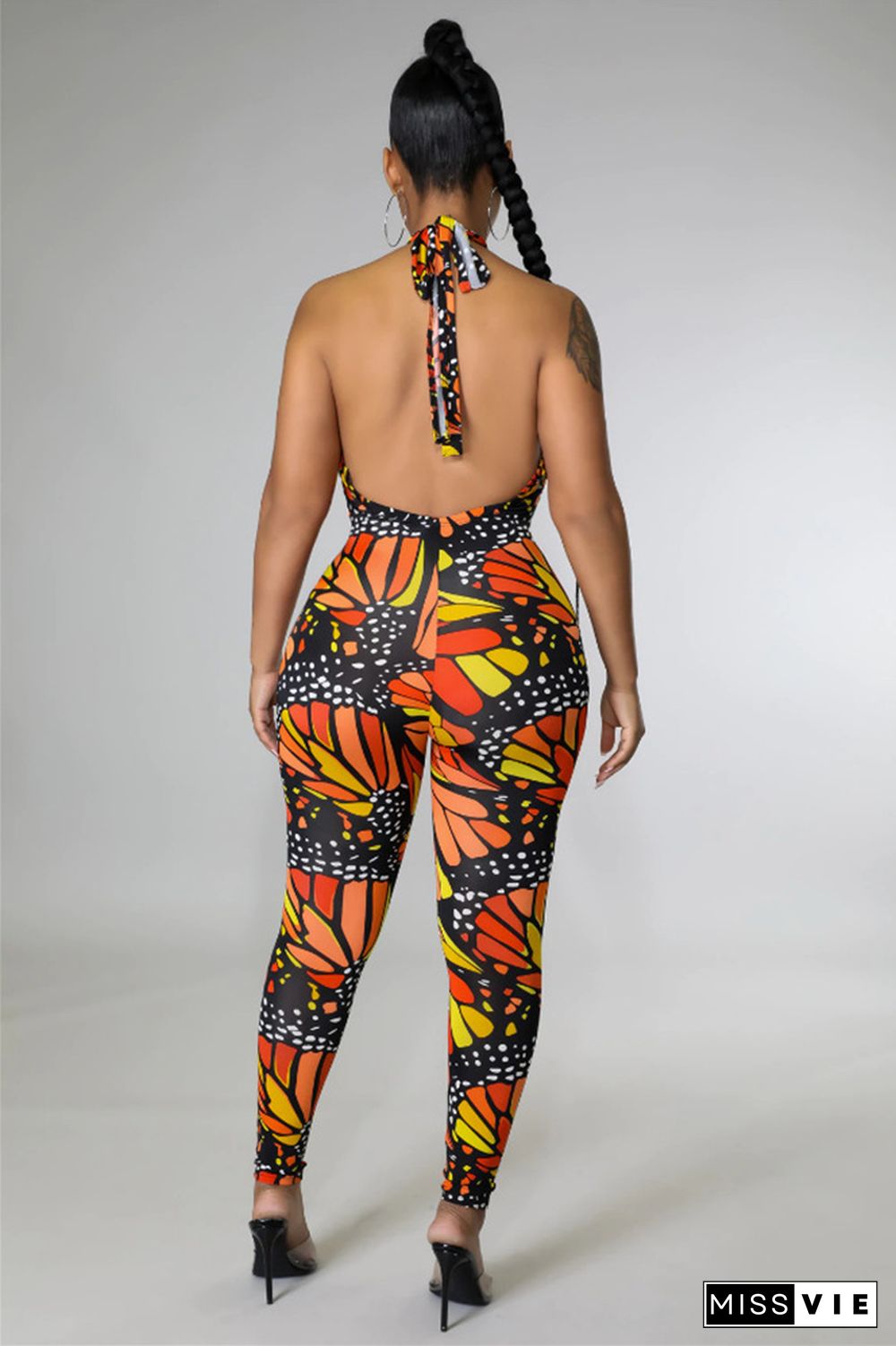 Butterfly Print Backless Halter Bodycon Jumpsuit