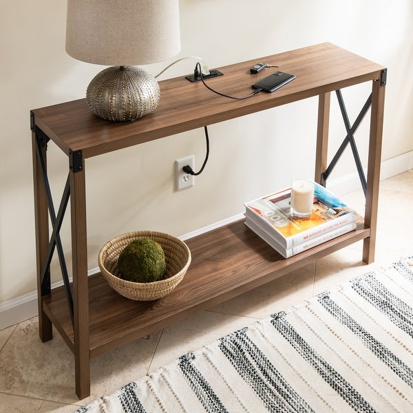 Industrial Rectangular Wood Console Table with AC Power and USB Charging Ports， Walnut