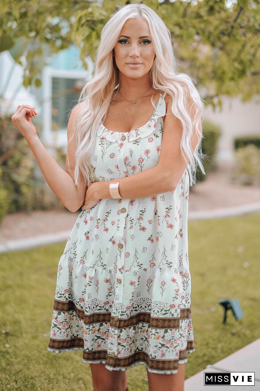 White Ruffled Neckline Floral Print Button Sundress