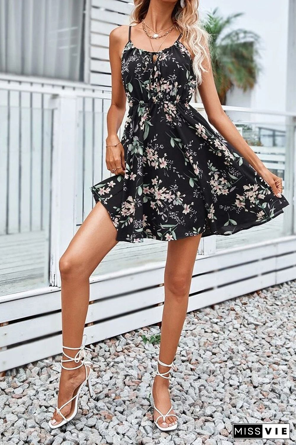 Ruffles Front Tie Cami Floral Dress