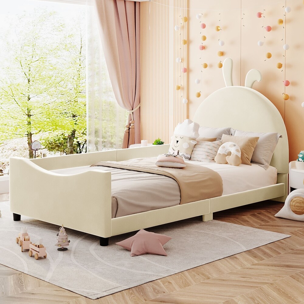 Upholstered Twin Daybed Frame for Kids  Velvet Platform Bed with Carton Ears Shaped Headboard  Wood Sofa Bed for Girls Boys