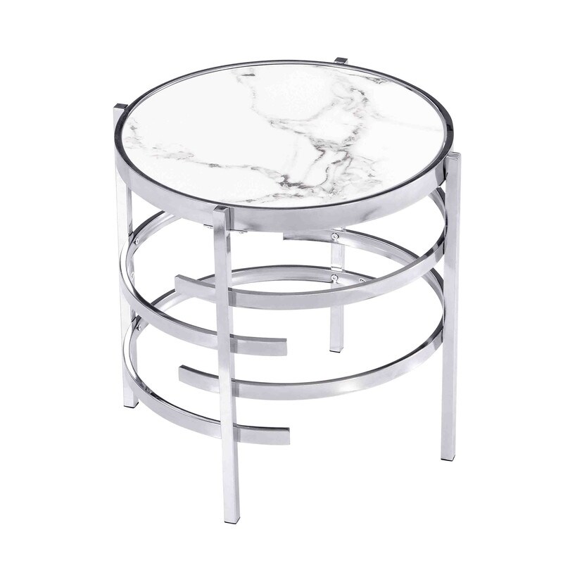 Modern Round End Table with Sintered Stone Top  Chrome/ Silver End Table for Living Room 20.67''W x 20.67''D x 21.65''H