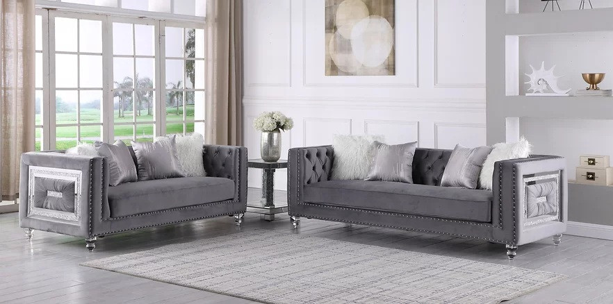 Mestre 2 Piece Living Room Sofa Set Upholstered  Gray Velvet Fabric   Traditional   Living Room Furniture Sets   by Hollywood Decor  Houzz