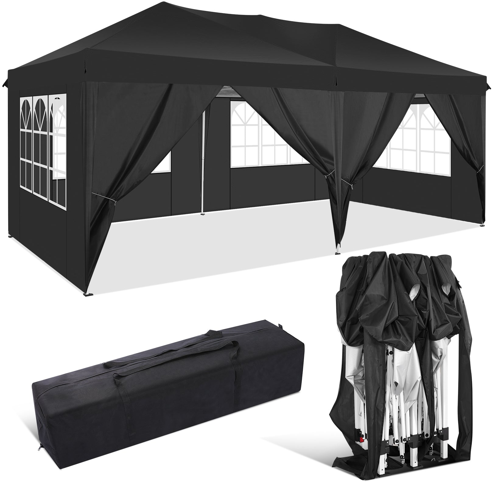 10' x 20' Outdoor Canopy Tent EZ Pop Up Backyard Canopy Portable Party Commercial Instant Canopy Shelter Tent Gazebo with 6 Removable Sidewalls & Carrying Bag for Wedding Picnics Camping, Black