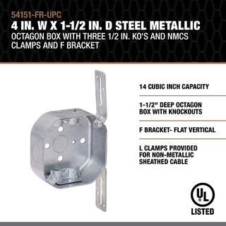 Southwire 4 in. W x 1-12 in. D Steel Metallic Octagon Box with Three 12 in. KO's and NMCS Clamps and F Bracket 1-Pack 54151-FR-UPC