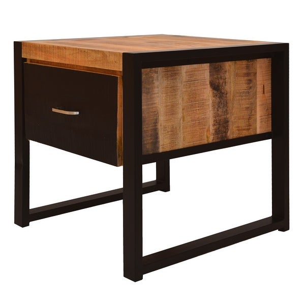 24 Inch Single Drawer Wooden Side Table with Metal Frame， Brown and Black