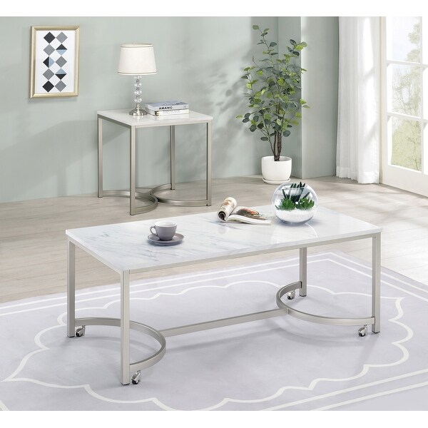 Coaster Furniture Leona White and Satin Nickel Faux Marble Square End Table